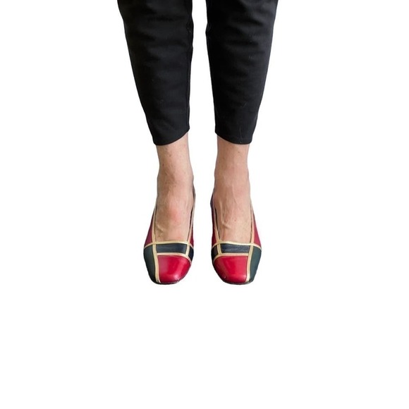 70s Frank Morr VTG Leather Pump Spain Sz 9.5 Colorblock Blue Red Gold Square Toe - Picture 3 of 9